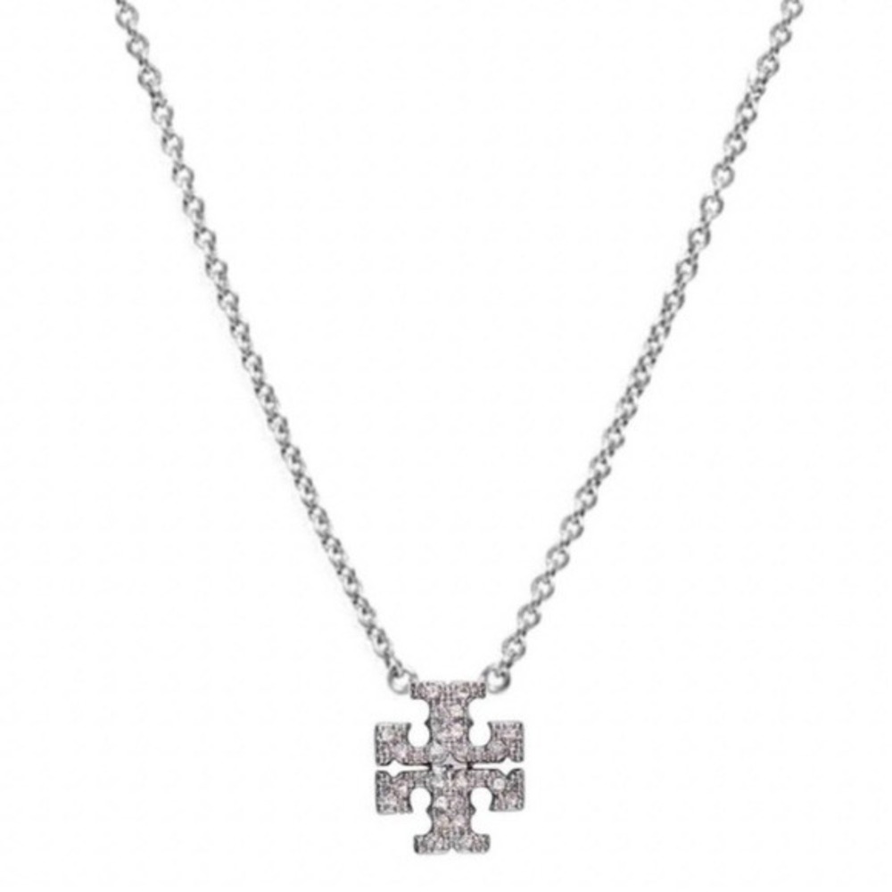 Tory Burch Logo Pave Crystal Delicate‎ Chain Necklace Silver Tone